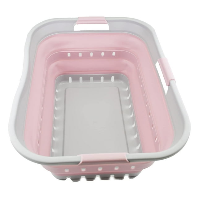 SAMMART Cesta plegable de plástico para la colada de 42 L (11 galones) – Contenedor/organizador de almacenamiento plegable – Tina de lavado portátil – Cesta/cesta para ahorrar espacio (gris/rosa pálid