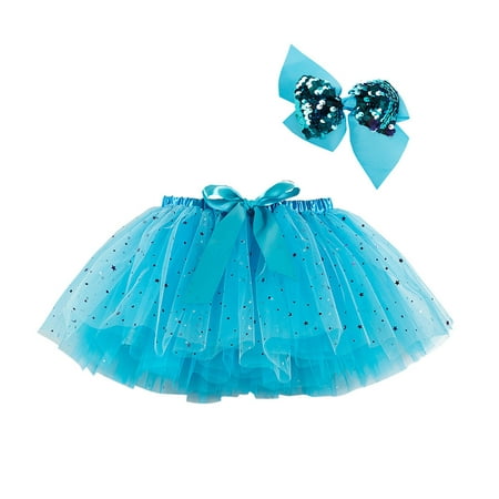 

B91xZ Girls Tutu Skirt Dance Tulle Hairpin Kids Ballet Party Star Girls Splice Skirt+Bow Sequin Girls Dress&Skirt Blue Sizes 2-4 Years