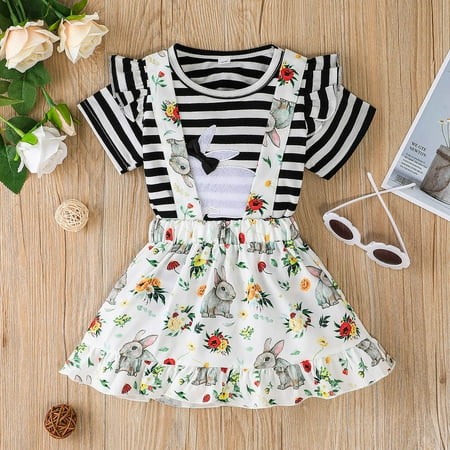 

Hunpta Toddler Baby Girls 6M-4Y Easter Striped T-shirt Tops Cartoon Rabbit Printed Suspenders Skirts Outfits