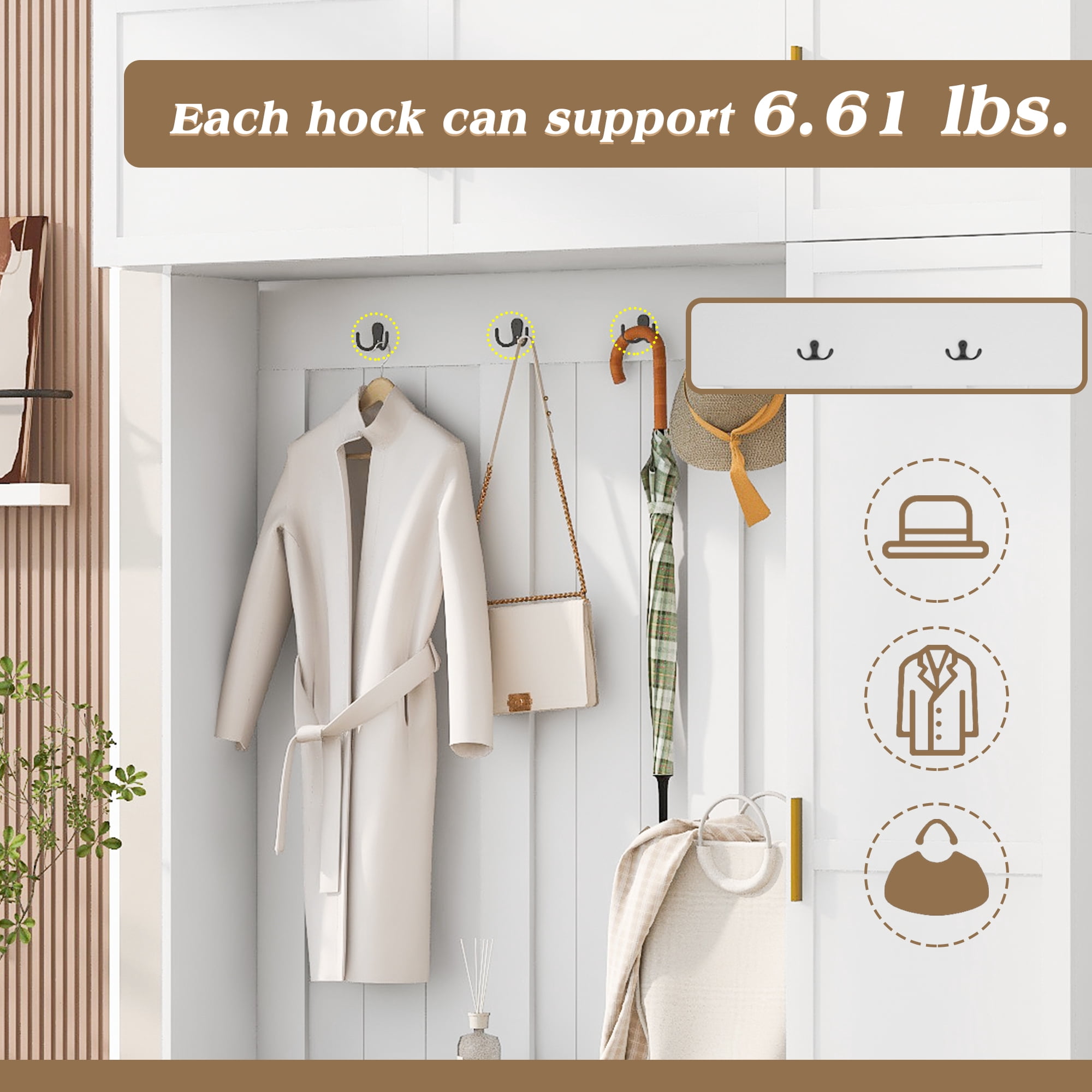 Mintazer All‑in‑One Hall Tree with Cushioned Shoe Bench & Hooks, Entryway Storage Organizer with Cabinets & Open Shelves for Mudroom Hallway, White