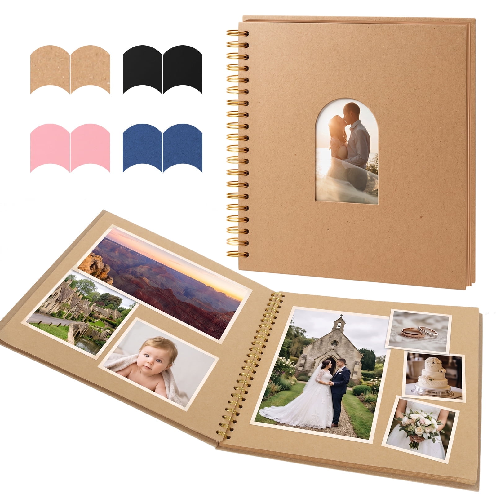 RECUTMS 10x10 inch Diy Scrapbook, Photo Album with Window Design,Blank Scrap Book Kraft Paper Memory Book, Travel, Birthday & Holiday Gifts (Brown)