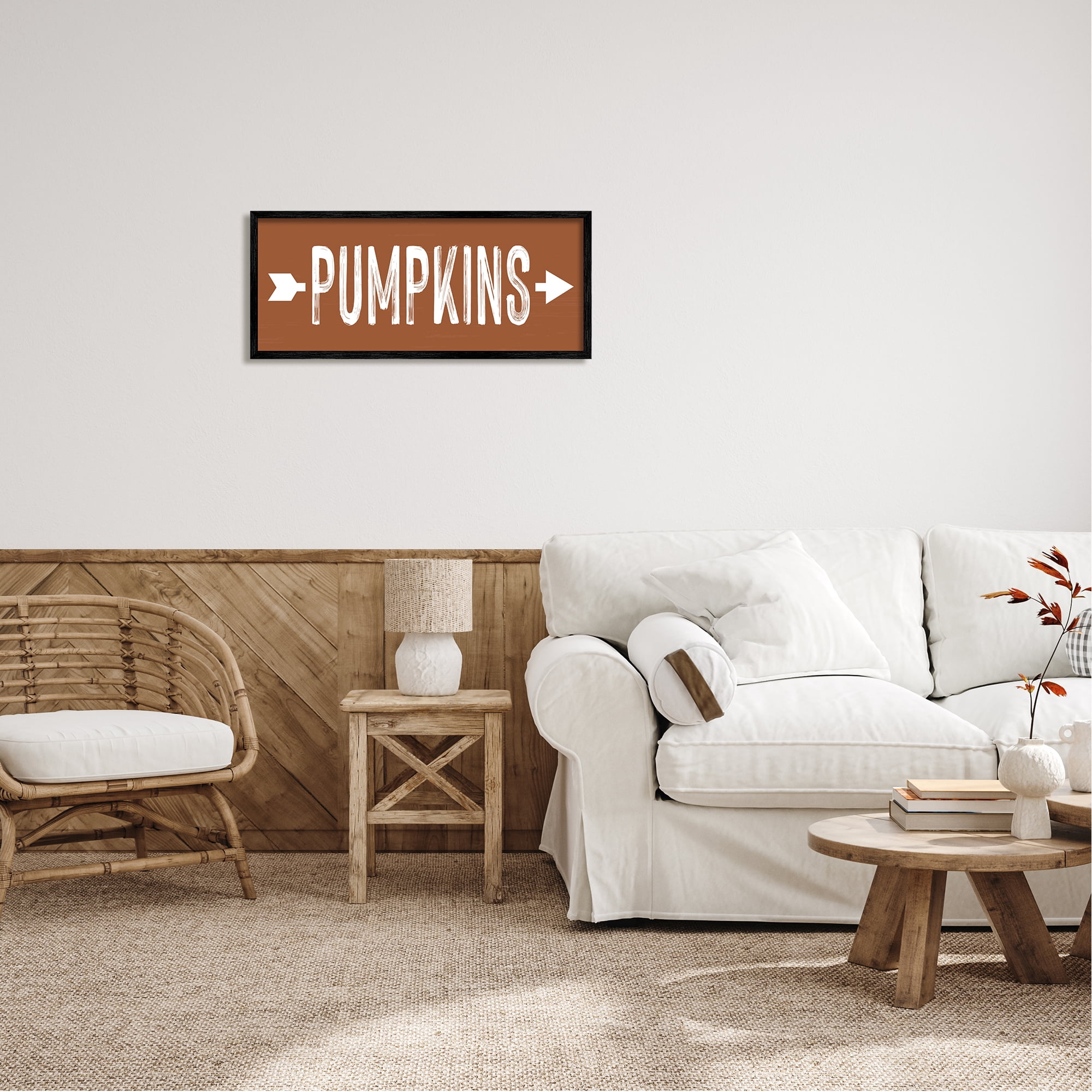 Stupell Industries Pumpkins Pointing Right Holiday Painting Black Framed Art Print Wall Art, 30 x 13
