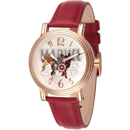 Marvel Comics Iron Man, Captain America and Spider-Man Women's Vintage Rose Gold Alloy Watch, Red Leather Strap