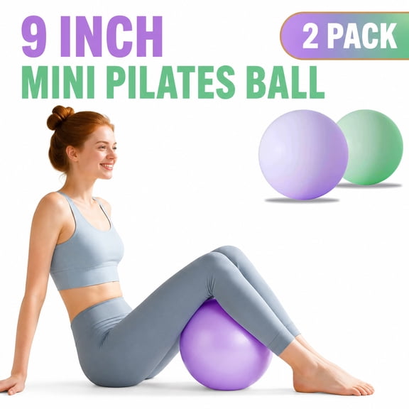 Pilates Ball 2 Pack 9 Inch Anti-Burst Exercise Balls with 2 Pumps, Purple and Green Small Yoga Balls