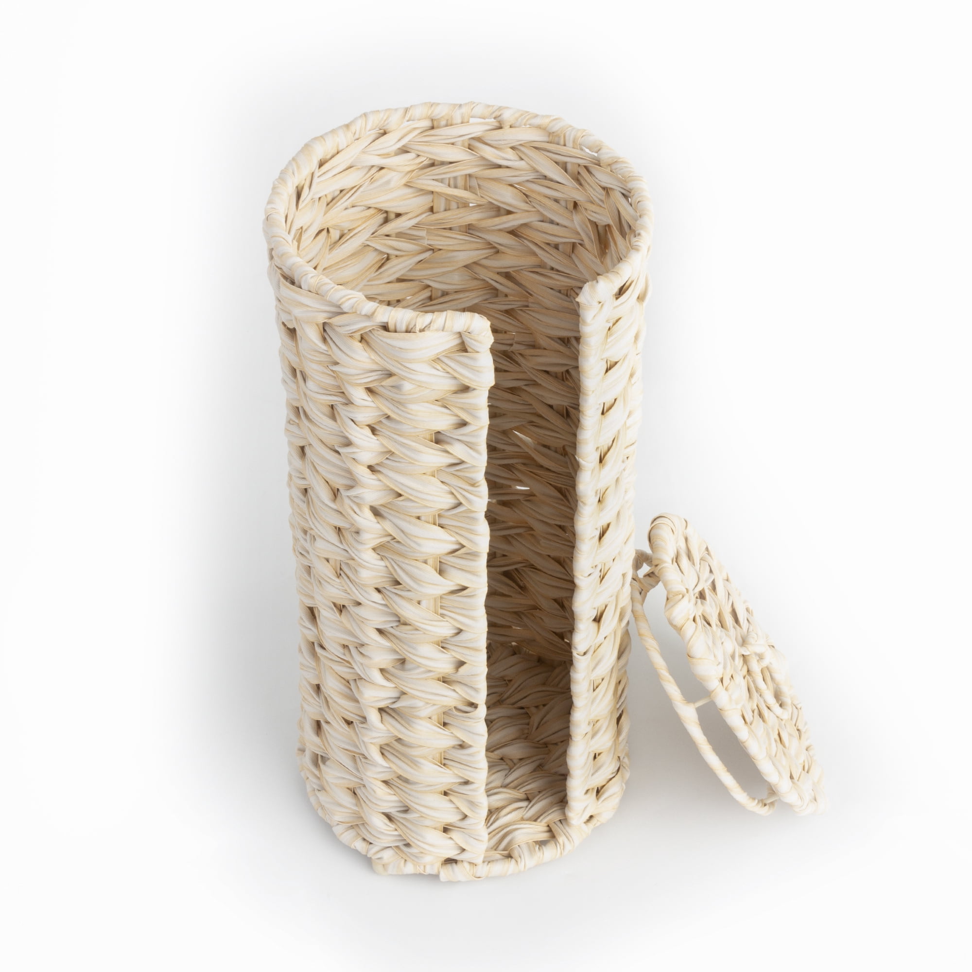 Freestanding Toilet Paper Holder with Lid, Wicker Toilet Roll Holder, Bathroom Storage Basket, Round, White
