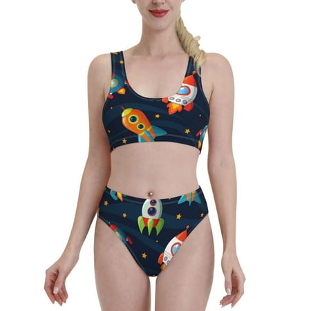 Bixox Spaceships and Stars Pattern Two-Piece Sports Bikini with U-Shaped Top and High-Waist Bottom - Women s Swimwear with Removable Bra Pads