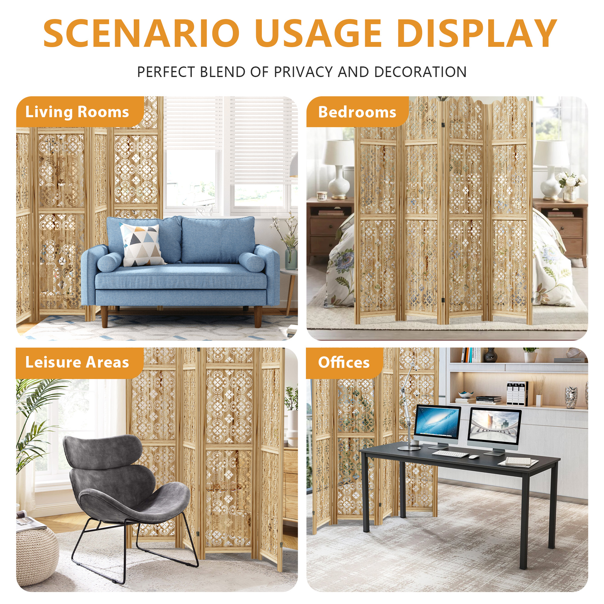 MAYEERTY 6-Piece 67×16" Natural Wood Privacy Panel Screen for Living Room, Coin Pattern