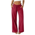 thumbnail image 2 of Danhjin Linen Pants For Women Spring Summer Casual High Elastic Waisted Wide Leg Loose Straight Leg Vacation Comfy Pants Stretch Beach Pant With Pockets, 2 of 6