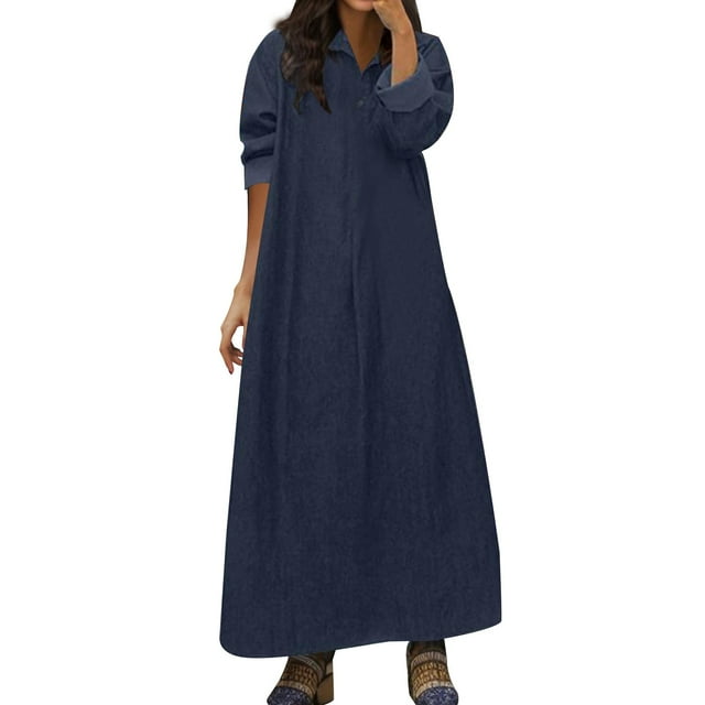 SZXZYGS Robes d'Été pour Femmes pour Vacances à l'Île pour Femme Grande Taille Style Unisexe à la Mode Manches Longues Col Rabattu devant Ouvert Robe Maxi en Denim 2024