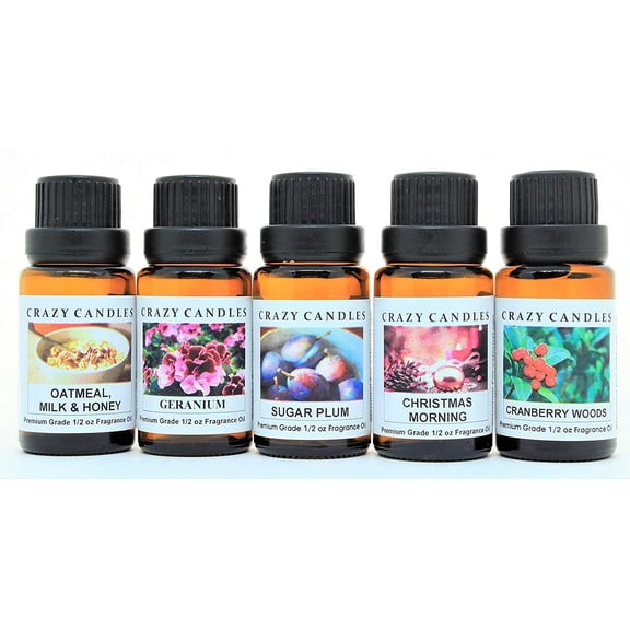 Crazy Candles 5 Bottles Set, 1 Geranium, 1 Sugar Plum, 1 Christmas Morning, 1 Cranberry Woods, 1 Oatmeal Milk & Honey 1/2 fl oz Each (15ml) Premium Grade Scented Fragrance Oils