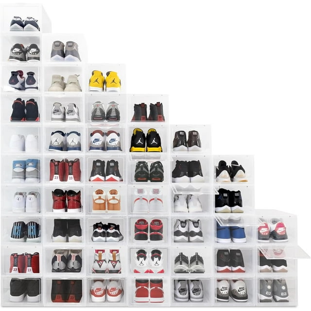 OLLIE Rangement pour Chaussures en Plastique Rigide à Ouverture Rabattable - Convient aux Hommes jusqu'à la Pointure 11 - Organisateur de Chaussures pour Garde-Robe, Rangement de Tiroir en Plastique, Organisation et Rangement, Boîte à Chaussures, Bacs de Rangement Empilables (Lot de 48, Transparent)