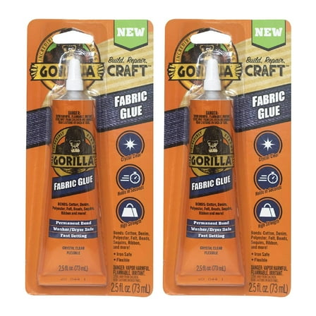 Gorilla Fabric Glue High Strength Adhesive Waterproof Clear, 2.5 fl oz, 2 Pack