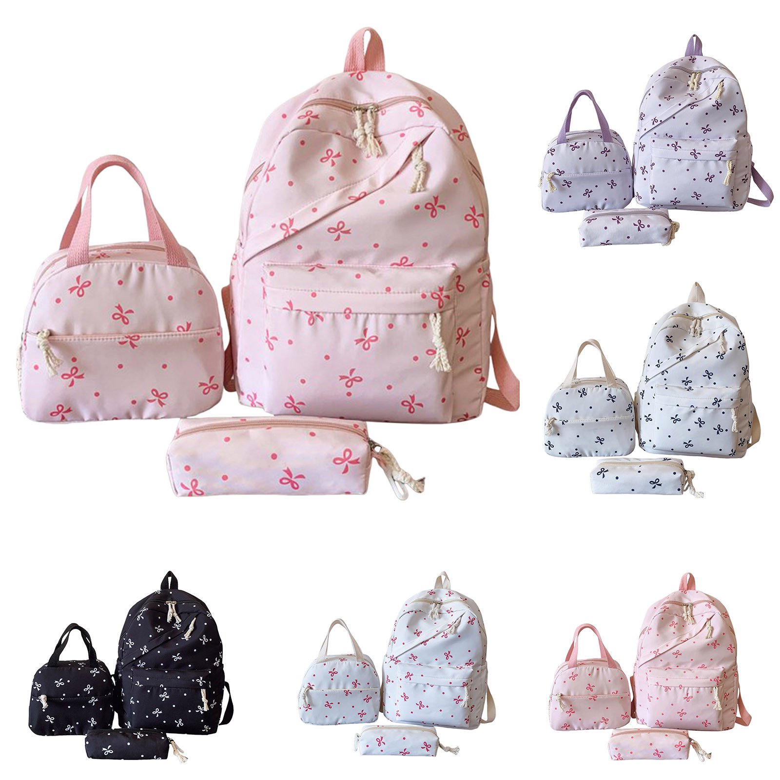MuXiKeJi Clothes 3-Piece Backpack Set for Women, Artistic Bow Daypack Fits 15 inch Laptop with Lunch Tote Bag & Pouch, Large Capacity Bow Bookbag for Travel, Work, Commute