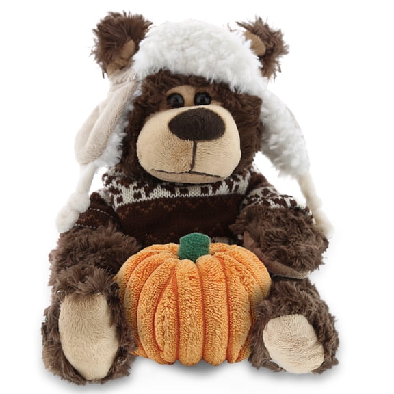 DolliBu Super Soft Plush Grizzly Bear Plush with Clothes Stuffed Animal with Pumpkin Decor - Pumpkin Plush Animal for Fall, Halloween and Thanksgiving, Pumpkin Toy for Baby, Kids, Adults - 9 Inches
