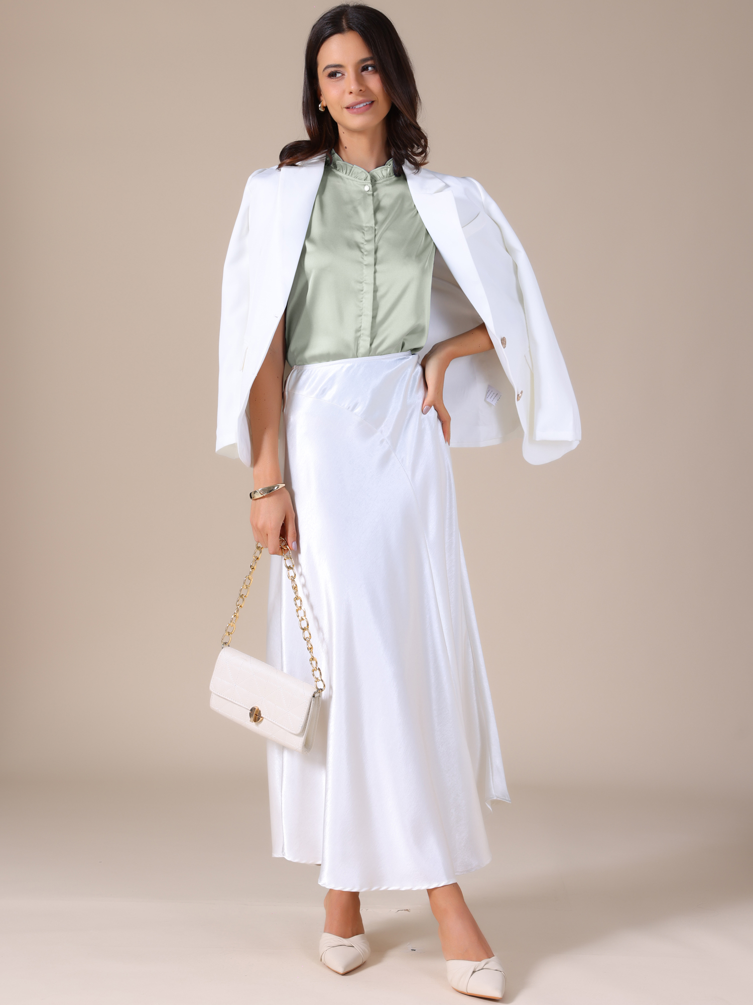 DARING DIVA Women's Satin Elegant Sleeveless One Button Office Blouse S Bean Green