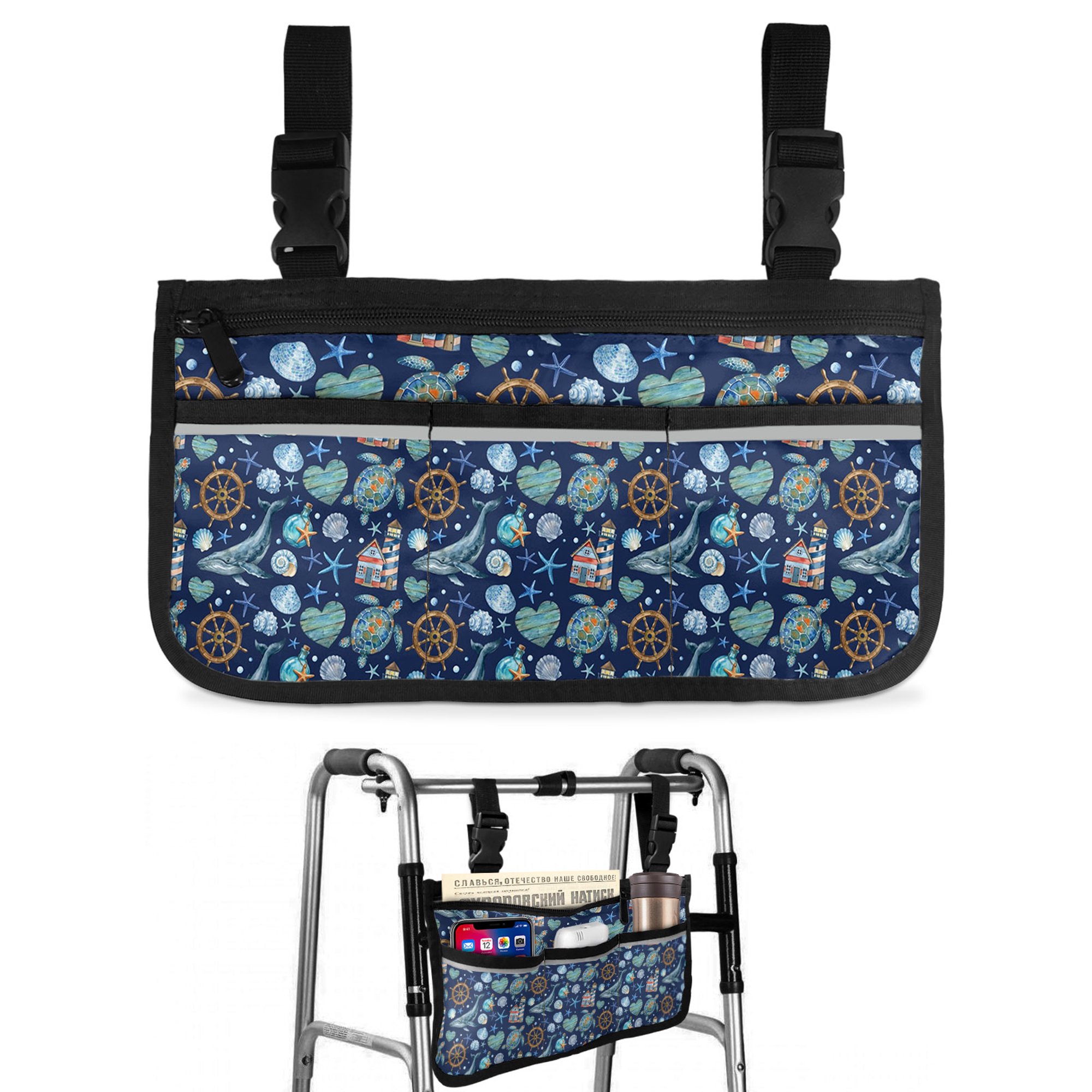 Summer Nautical Wheelchair Side Bag with Cup Holder, Ocean Shark Sea Turtle Retro Rudder Coastal Blue Wheelchair Armrest Bag Storage Pouch Adults, Seniors for Walkers, Rollator, Scooter