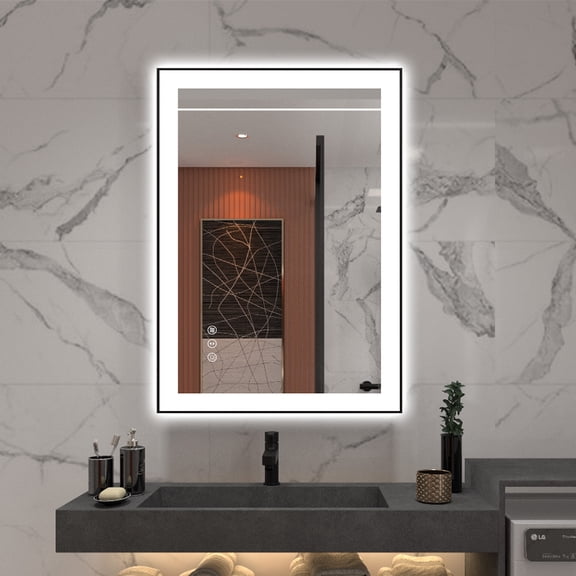 Sumerain 20 x 28 Inch LED Bathroom Mirror with Frame, Frontlit & Backlit Lighted Vanity Mirror, Anti-Fog Dimmable Wall Mirror with 3 Color Temperatures, Memory Function & Tempered Glass