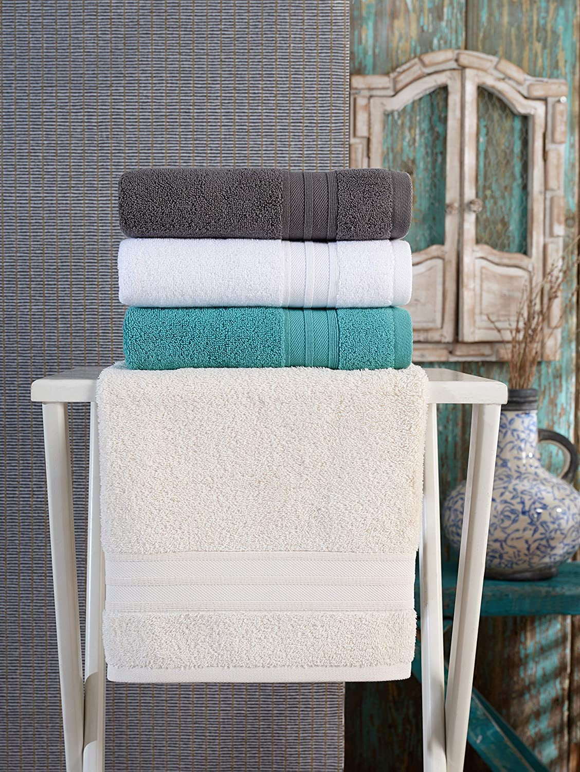 Hawmam Linen 6 Pack Bath Towels Set - Large, Soft, Absorbent, Quickdry, Low Lint Premium 100% Turkish Cotton Towels for Bathroom Sea Salt Cream Bathroom Set, 2 Washcloths, 2 Hand Towels, 2 Bath Towels