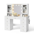 thumbnail image 4 of Linsy Home Large 47.2" Makeup Vanity With Mirror And 11 Lights, Glass Top Vanity Desk with 9 Drawers & 2 Adjustable Cabinets, Dressing Table with Charging Station & Hair Dryer Rack For Bedroom, White, 4 of 9