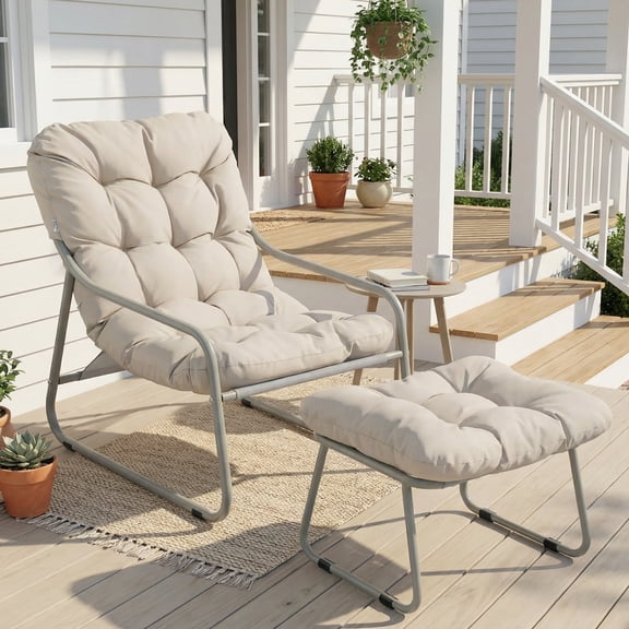 RADIATA Patio Lounge Chair with Ottoman & Armrests, Oversized Papasan Chair with 4" Thick Cushion, 400lbs Heavy Duty Outdoor Chair with Foot Rest, Beige