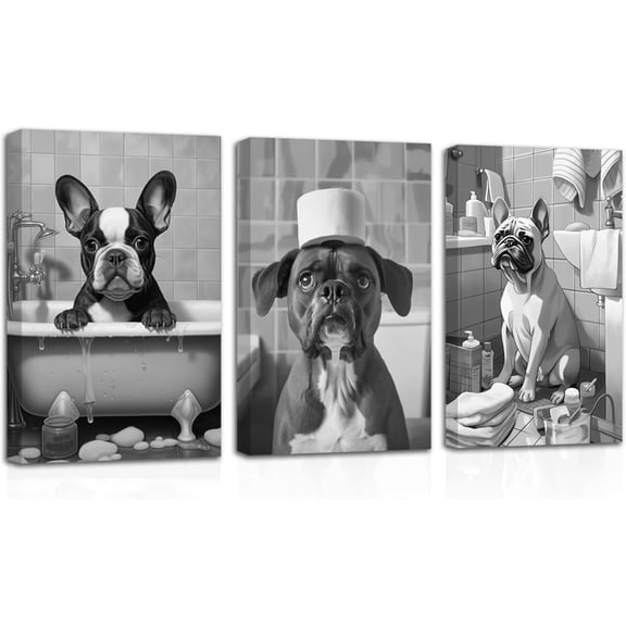 Hieng Funny Bathroom Animal Wall Art 3 Piece Cute French Bulldog in the Bathtub Poster Prints Dog on Toilet Pictures for Rustic Bath Decor Unframed