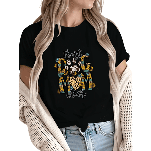 Women fun Best Dog Mom Ever Sunflower Leopard Print Graphic Tees T-Shirt Tops Round Neck Printed Cotton T-Shirt Black S-5XL