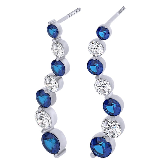 AFFY Round Cut Simulated Blue Sapphire With Natural Diamond Journey Earrings In 14K Solid White Gold