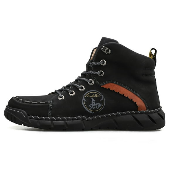 Combat Boots for Men Vintage Casual Stitching Leather Lace up Walking Fashion Sneakers Winter Fall Ankle Booties Black Size 9.5