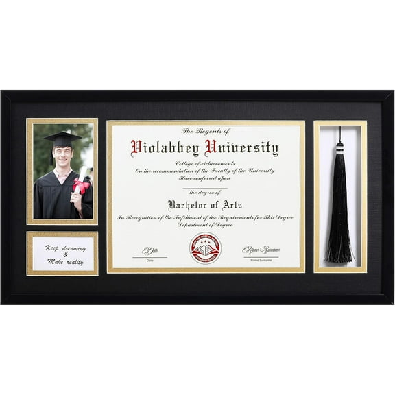 VIOLABBEY Matte Black Diploma Frame with Tassel Holder for 8.5x11 Certificates Document and 4x6 Graduation Pictures, College Degree Frame for Wall Mounted (Black Gold Double Mat)