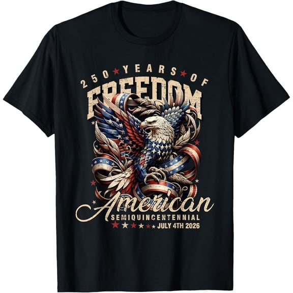 Patriotic Eagle and Flag 250 Years 1776-2026 T-Shirt- Classic Unisex 100% Cotton Crew Neck T-Shirt Regular Fit Breathable Casual Everyday Wear