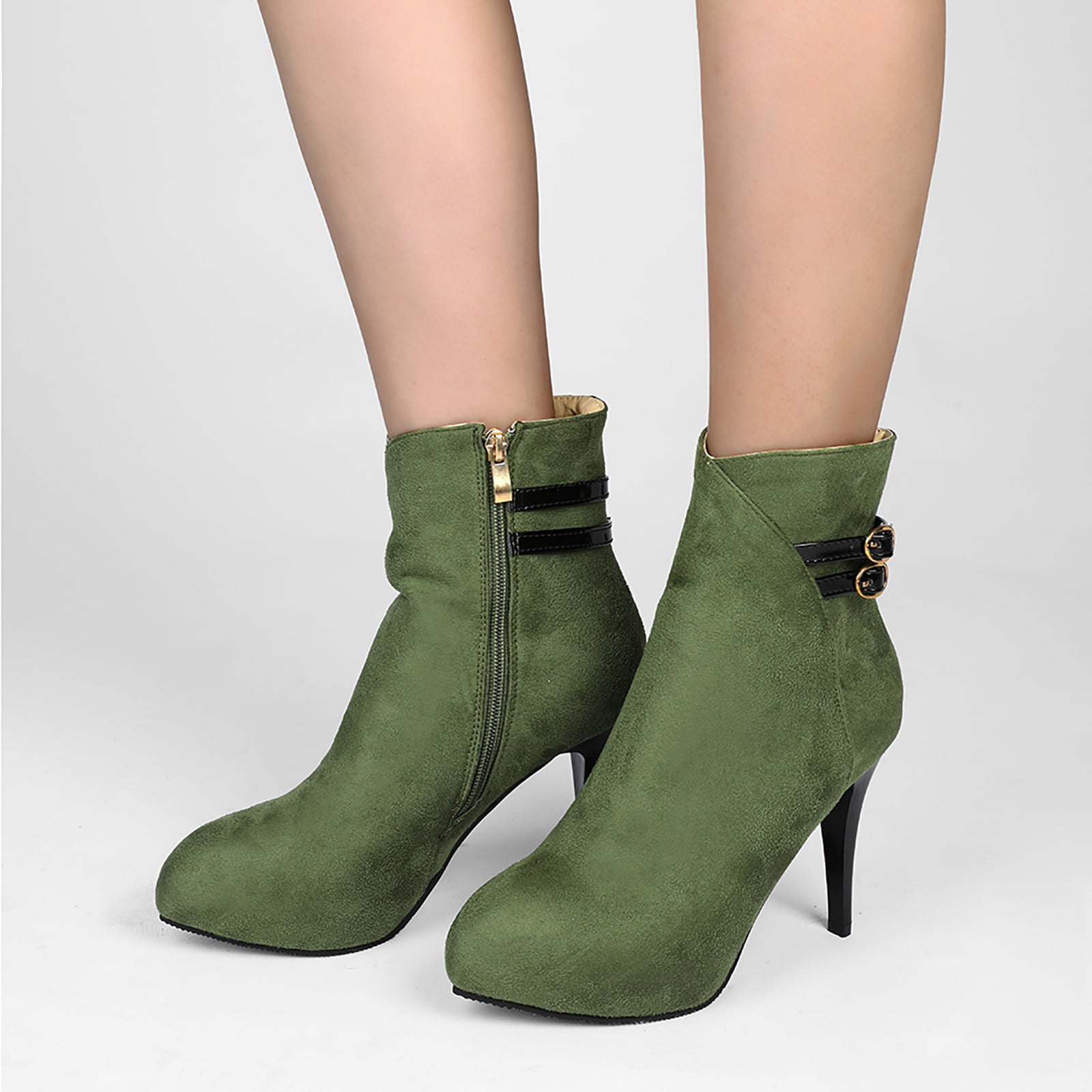 Green stiletto ankle boots made of genuine velour leather with a ruched  shaft - BRAVOMODA