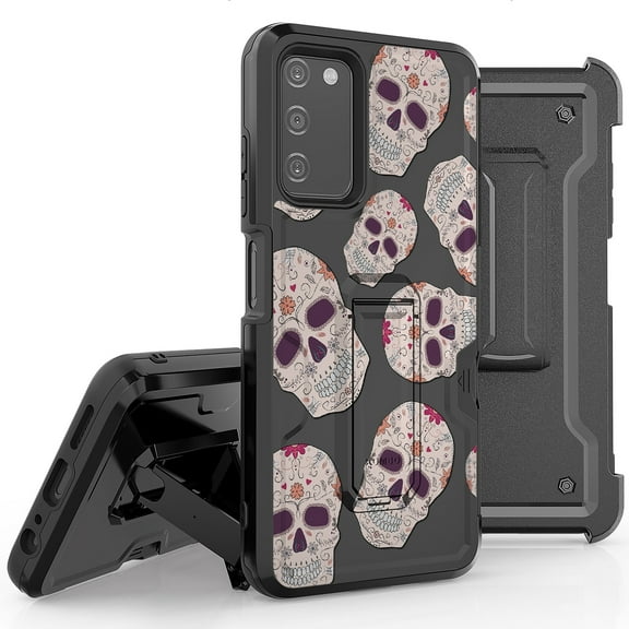 Armor Kombo Holster Rugged Cover Designed For Samsung Galaxy A03S Case Transparent Clear And Skull Series