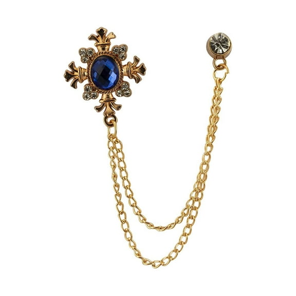 Knighthood Royal Blue Shimmer Stone with Rose Gold Engraving Hanging Chain and Swarovki Detailing Brooch Lapel Pin