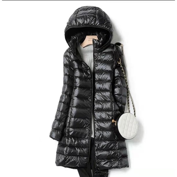 Chaqueta de plumón ligera y de moda con capucha y corte ajustado de longitud media para mujer de otoño e invierno, talla grande