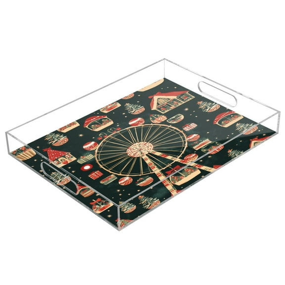 WOBOGO Acrylic Serving Trays 15.7x11.8 Inch Spill Proof Clear Decorative Organizer with Handle Christmas Decorated Ferris Wheel