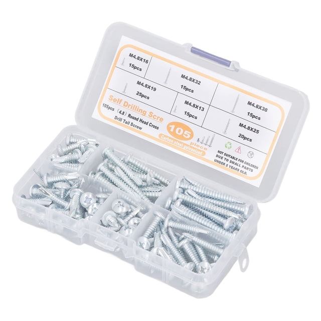 Vis Auto-Perçante, 105 Pcs Vis Auto-Perçante Tête Ronde Vis Croisée Vis de Queue Construction Robuste