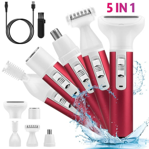 SUTENGDA Rasoir 5-en-1 Indolore pour Femmes Étanche Rechargeable Rasoir Électrique Sans Fil Bikini Tondeuse Humide et Sèche Enlève-Poils pour Jambes Aisselles Sourcils Visage Corps Rouge Rose