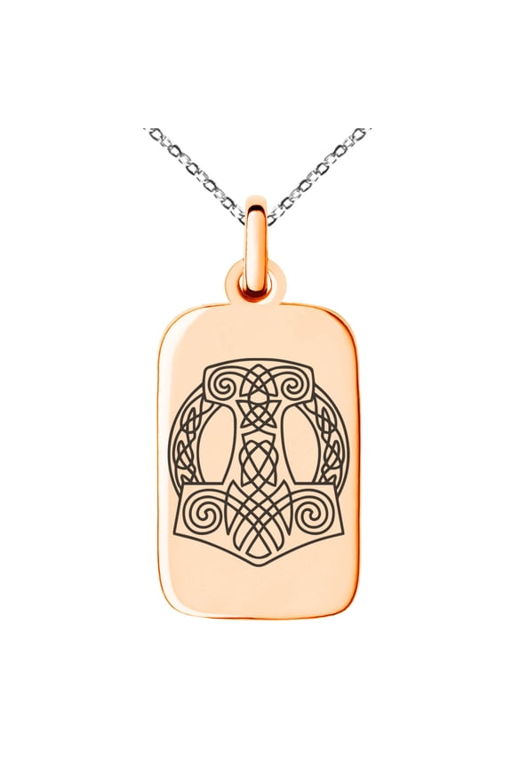 Stainless Steel Majesty Thor's Hammer Mjolnir Viking Engraved Small Rectangle Dog Tag Charm Pendant Necklace