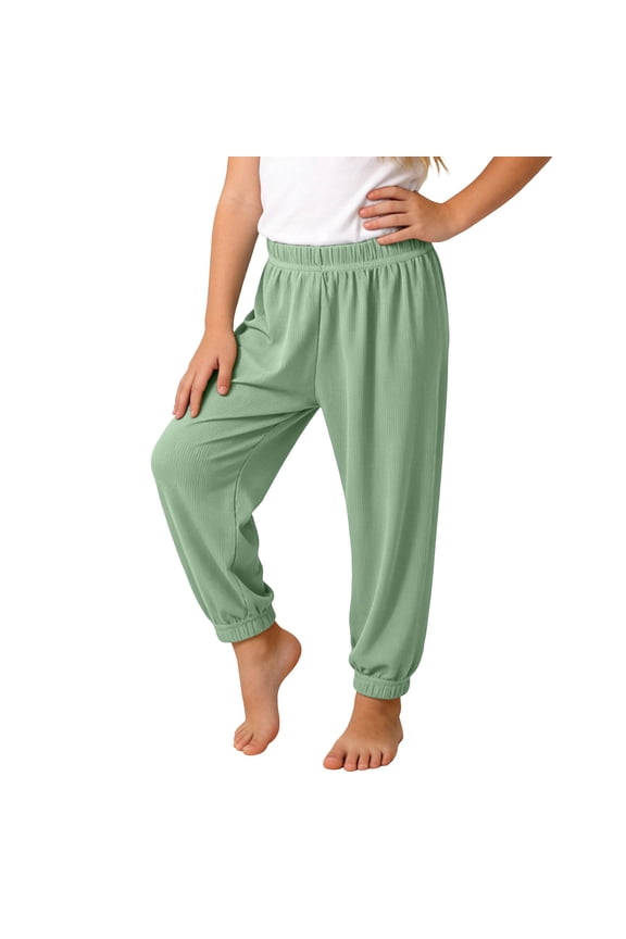 Boys Girls Kids Cooling Ice Silk Ribbed Jogger Pants, Elastic Waist Solid Color Summer Casual Pants for 3-13 Years Old, Breathable Daily Wear Green 8-9 Years(8 Years)