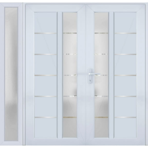 Front Exterior Prehung Metal-Plastic Double Doors / MANUX 8088 White Silk / Sidelite Exterior Window / Office Commercial and Residential Doors Entrance Patio Garage 86 x 80