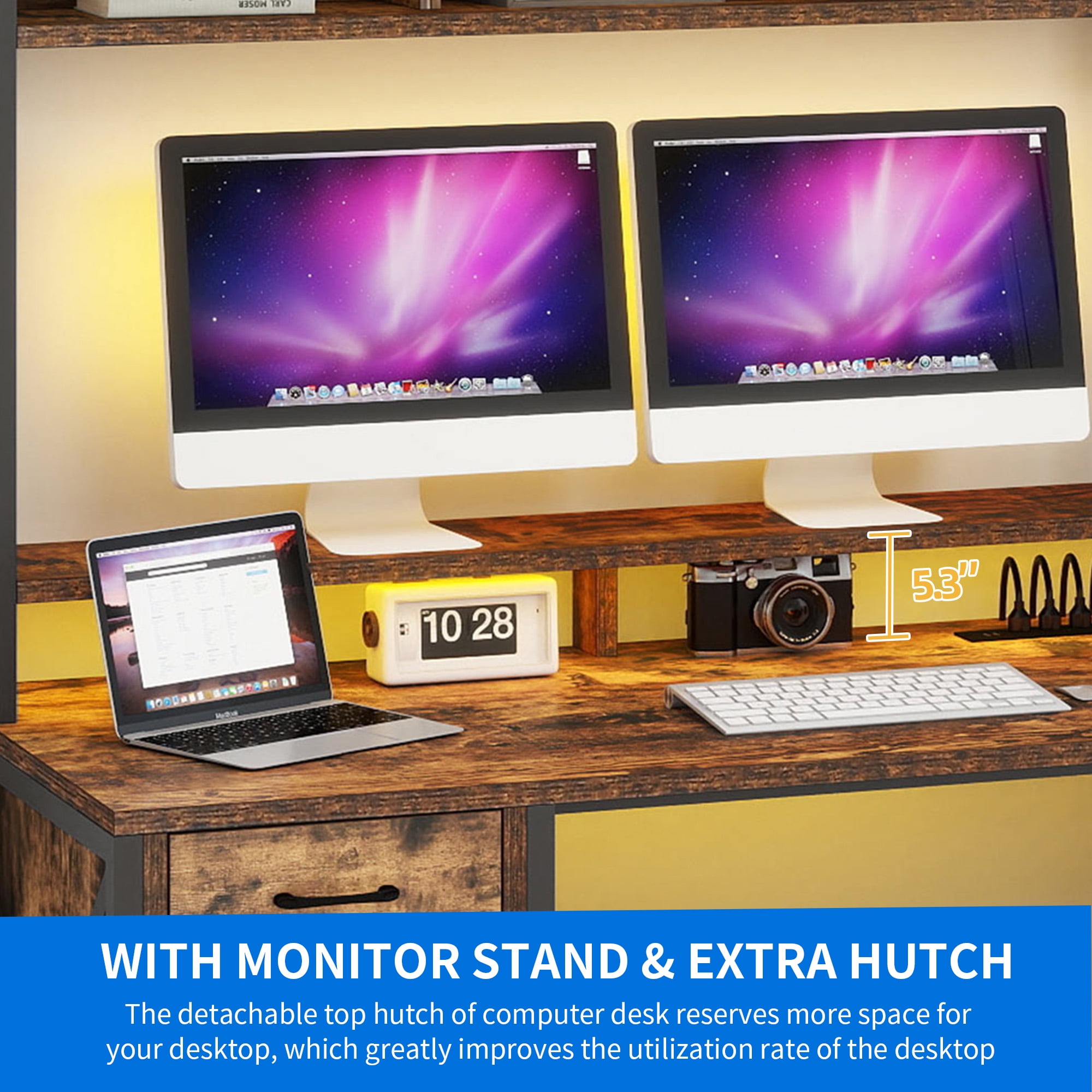 Uforic 59 "Computer Desk with Power Outlets & LED Light, Office Desks with Hutch & Monitor Stand, Gaming Desk Executive Desk with Storage Shelves for Home Office , Brown