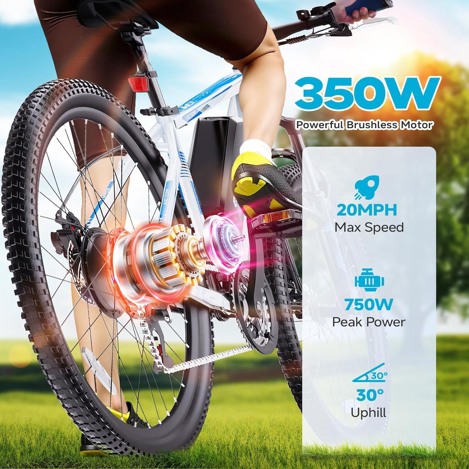 QNUT Victor 3.0 Electric Bike for Adults - 350W, 26 Inch, 21-Speed, 40 Mile Range,3 Modes, Smart LCD, Dual Disc Brakes, UL 2849 Certified Blue-White