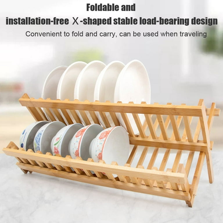 Dish Rack Bamboo Double Layer Collapsible Dish Drainer Utensil Plate  Ventilation Drying Rack for Kitchen Countertop 