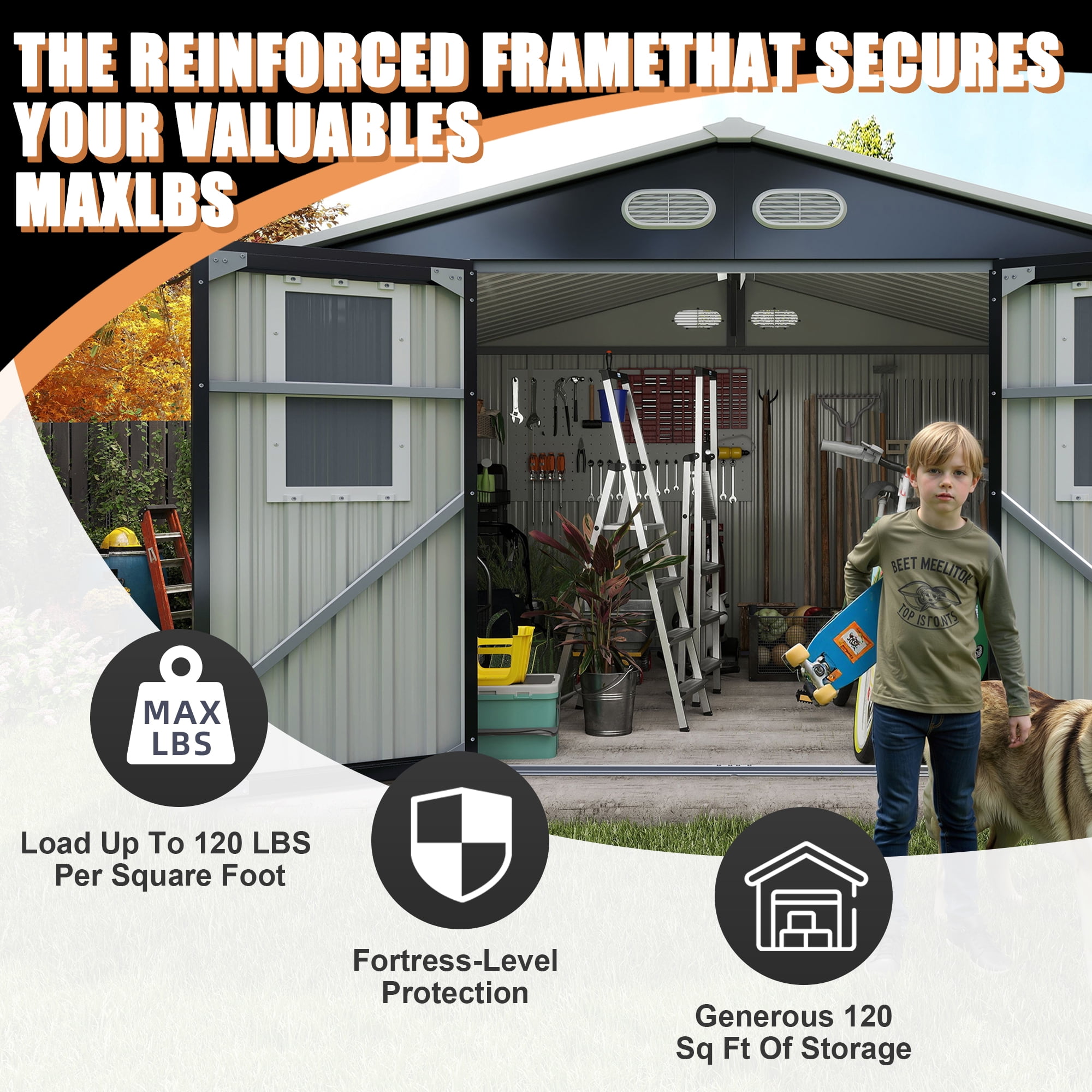 Olurrisa 8x8 FT Outdoor Storage Shed with 4 Windows & Lockable Door, Dark Gray Metal Garden Shed, Waterproof Tool Shed for Backyard, Patio & Lawn Equipment