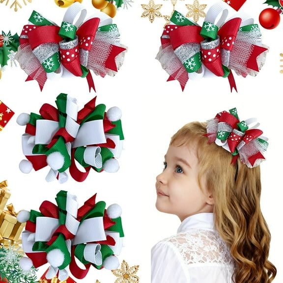 JoyBowie 4pcs 3.5 Inch Christmas Hair Bows for Girls Toddlers, Snowflake Ribbon Clips for Kids Holiday Party Hairstyles