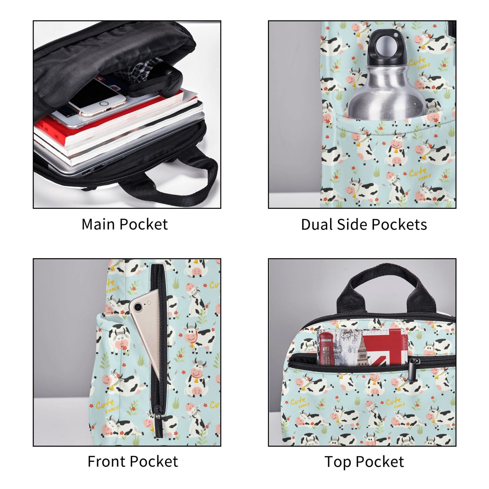 Xecao Cute Cows print Backpack For women men Aesthetic Lightweight Travel Daypack Simple Cute Backpack For Bookbag