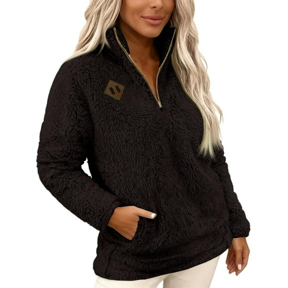 Qulqfy Quarter Zip Tops for Women Plus Size Long Sleeve Black Fleece Pullover Tops Collared Winter Dressy Shirts Tops for Women Trendy