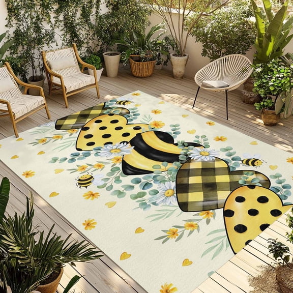 Spring Bee Love Outdoor Rug for Patio/Deck/Porch, Non-Slip Large Area Rug 5 x 8 Ft, Yellow Daisy Eucalyptus Leaves Rustic Indoor Outdoor Rugs Washable Area Rugs, Reversible Camping Rug Carpet Runner