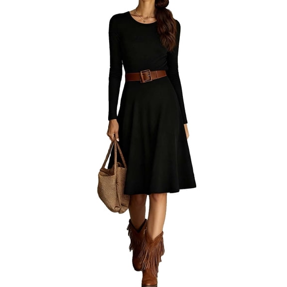 Stichou Womens 2026 Cable Knit Sweater Dress Elegant Long Sleeve Crewneck Tunic Dresses Spring Fashion Bodycon Western Dress Black L