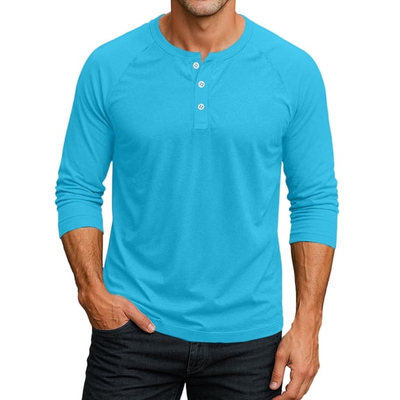 Mens Solid Color Raglan 3/4 Sleeve Henley Shirts 200g Imitation Cotton Summer Baseball Casual Athletic Tops Blue M